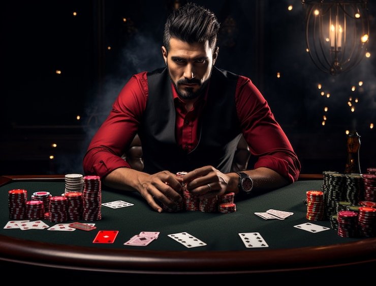 Texas Poker meja dengan kartu komunal dan chip di platform senadi togel